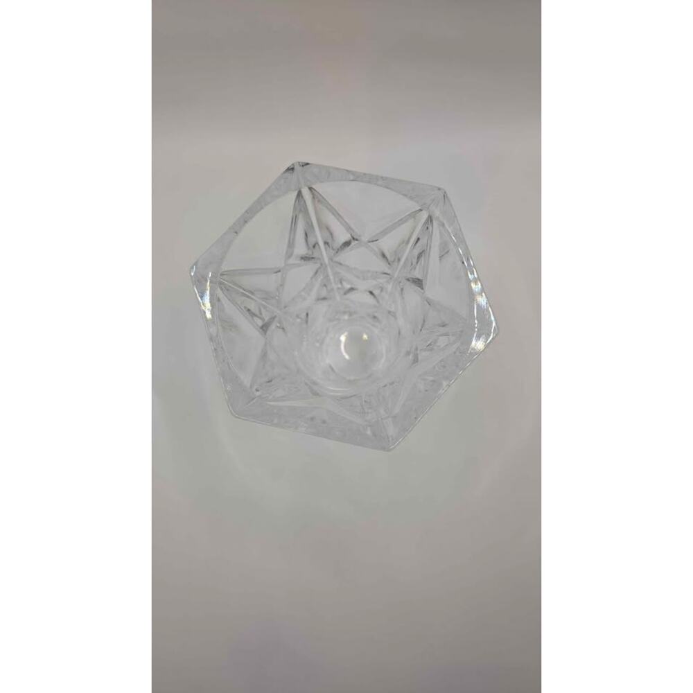Heavy Clear Cut Lead Crystal Hexagonal Flower Vase 5" Geometric Starburst - Picture 2 of 6
